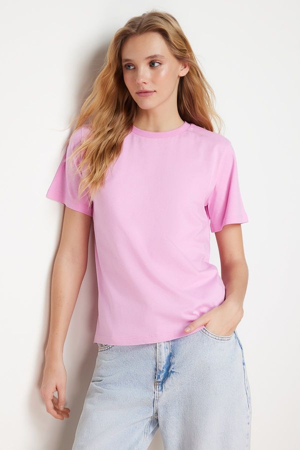 Trendyol Trendyol Pink 100% Cotton Basic Crew Neck Knitted T-Shirt
