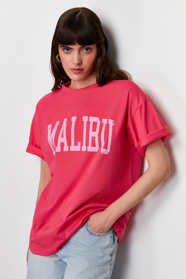 Trendyol Trendyol Pink 100% Cotton City Motto Printed Oversize/Casual Fit Knitted T-Shirt