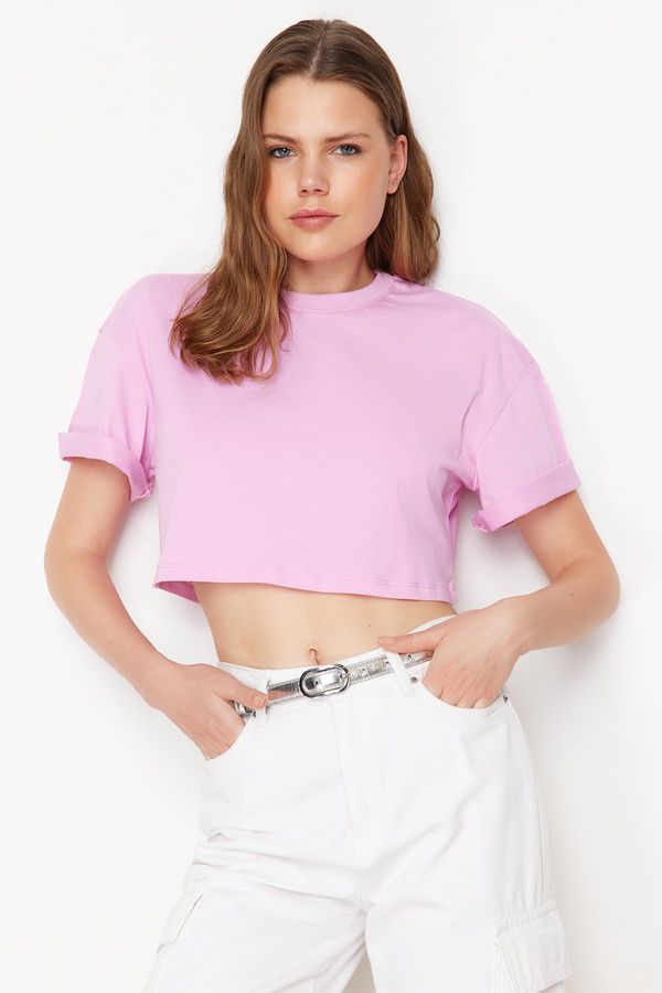Trendyol Trendyol Pink 100% Cotton Cut Detail Relaxed Cut Crop Knitted T-Shirt