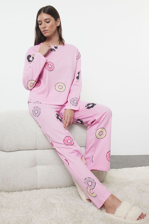 Trendyol Trendyol Pink 100% Cotton Donut Pattern Tshirt-Pants, Knitted Pajamas Set