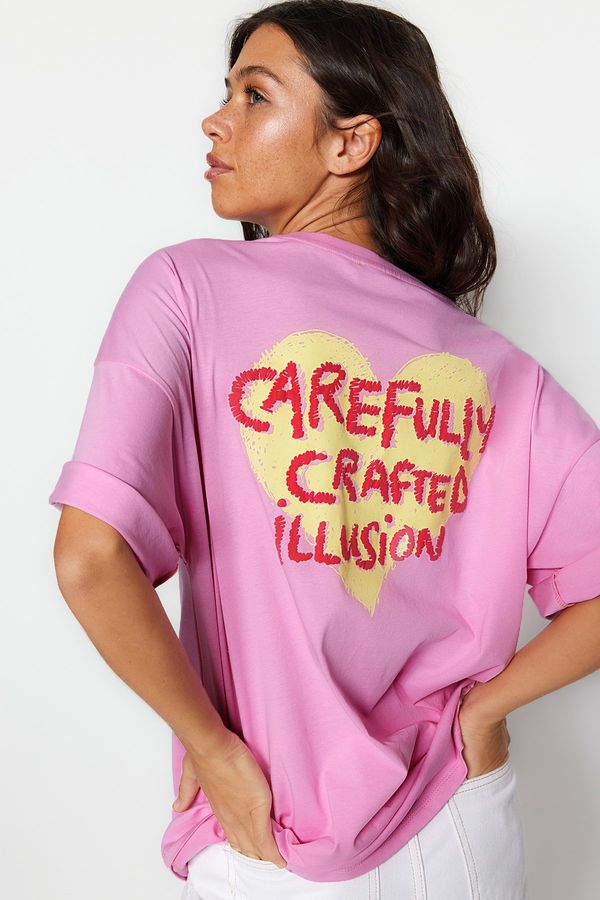 Trendyol Trendyol Pink 100% Cotton Front and Back Embossed Printed Oversized/Wide Knitted T-Shirt