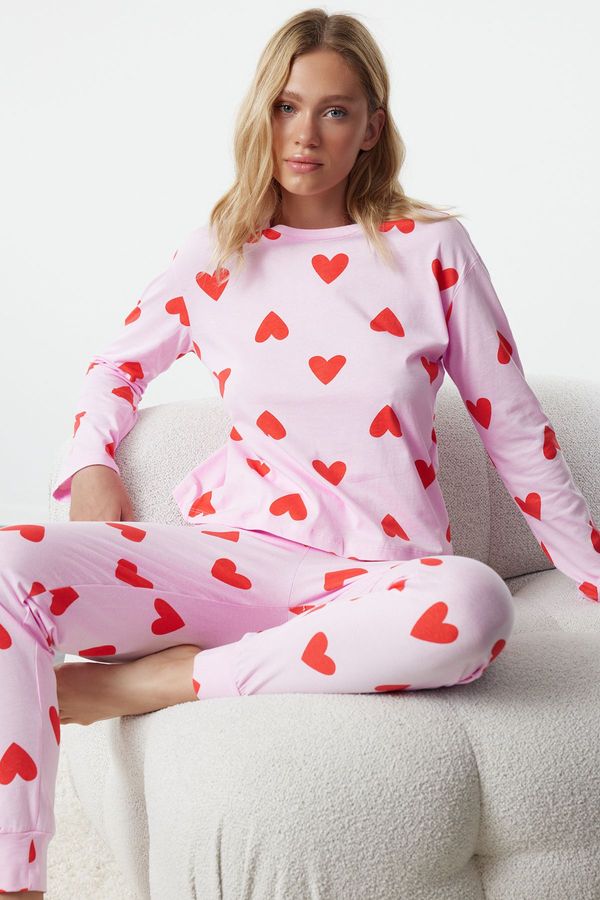 Trendyol Trendyol Pink 100% Cotton Heart Knitted Pajama Set