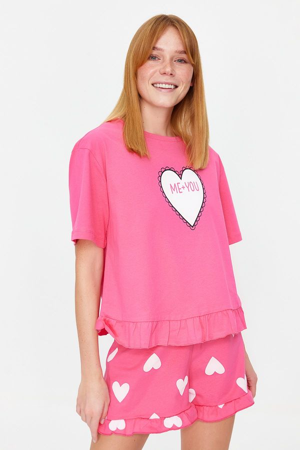 Trendyol Trendyol Pink 100% Cotton Heart Patterned Ruffle Detailed T-Shirt-Shorts Knitted Pajama Set