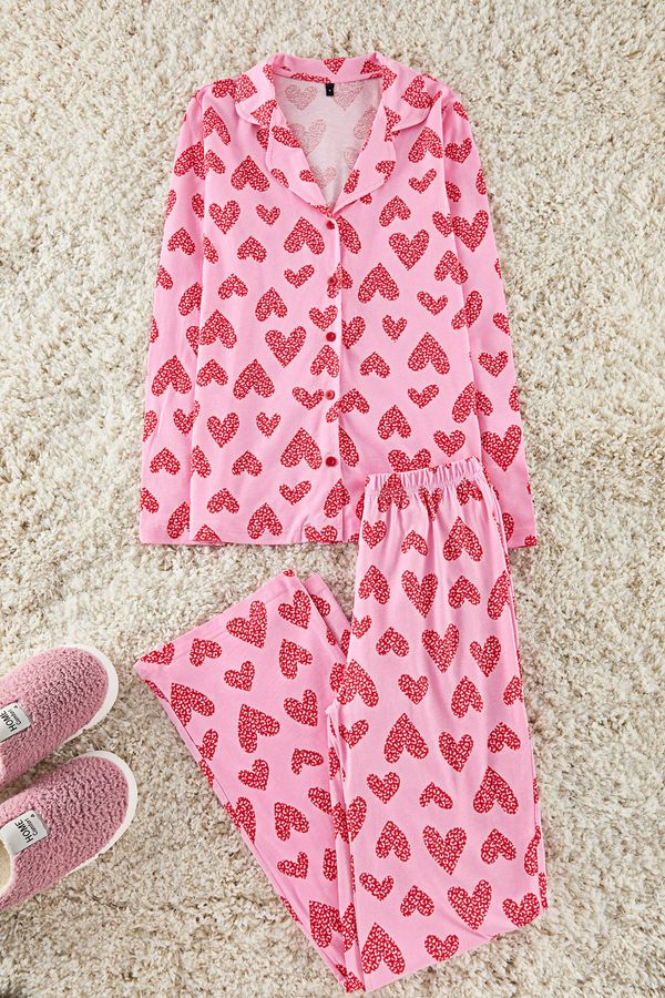 Trendyol Trendyol Pink 100% Cotton Leopard Heart Knitted Pajama Set