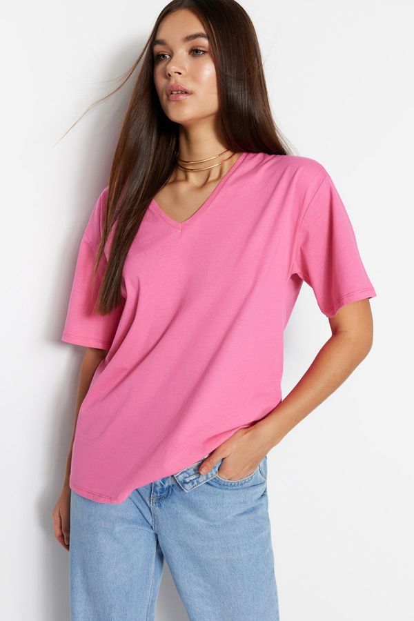 Trendyol Trendyol Pink 100% Cotton Oversize/Wide Fit V-Neck Short Sleeve Knitted T-Shirt