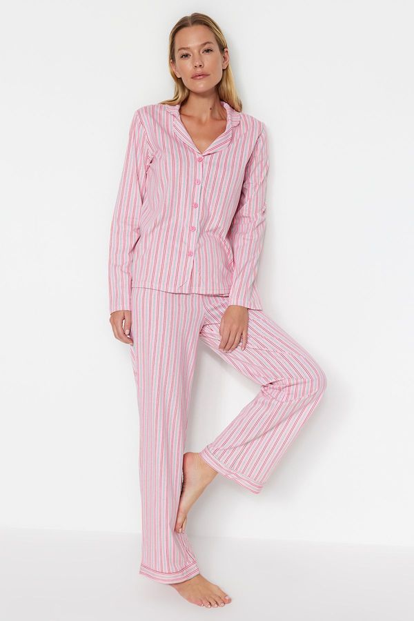 Trendyol Trendyol Pink 100% Cotton Striped Shirt-Pants Knitted Pajama Set