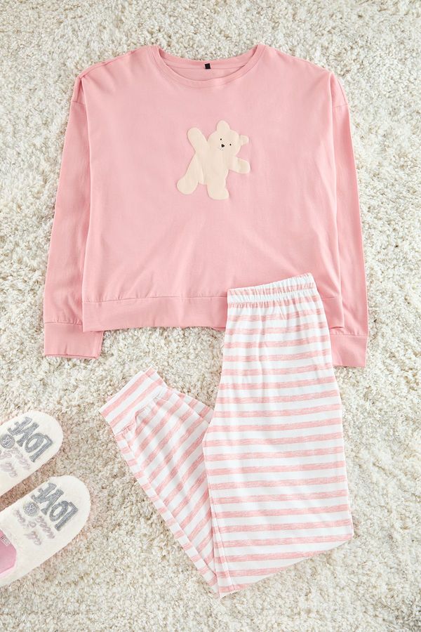 Trendyol Trendyol Pink 100% Cotton Teddy Bear Printed Knitted Pajama Set