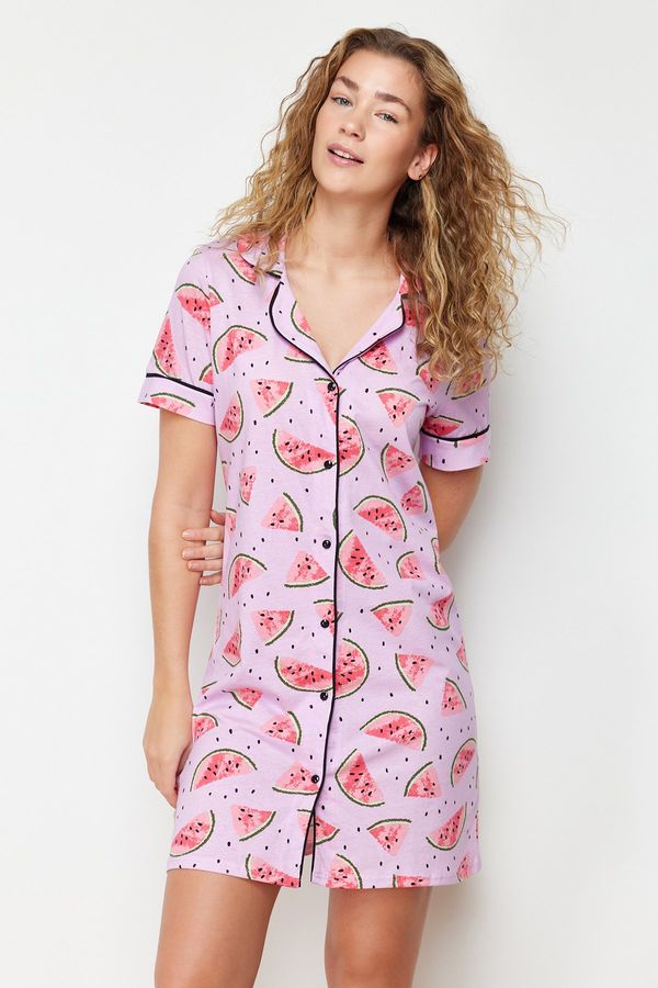 Trendyol Trendyol Pink 100% Cotton Watermelon Patterned Piping Knitted Nightgown