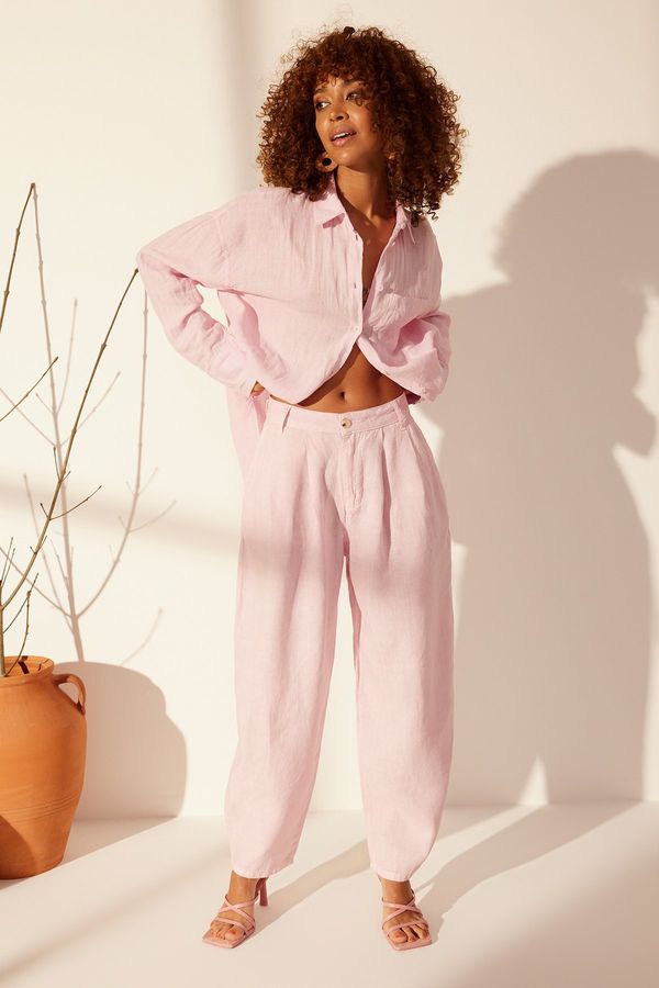 Trendyol Trendyol Pink 100% Linen High Waist Barrel Trousers