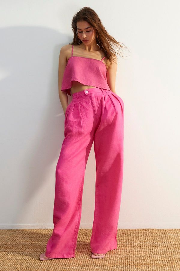 Trendyol Trendyol Pink 100% Linen Pleated High Waist Wide Leg Trousers