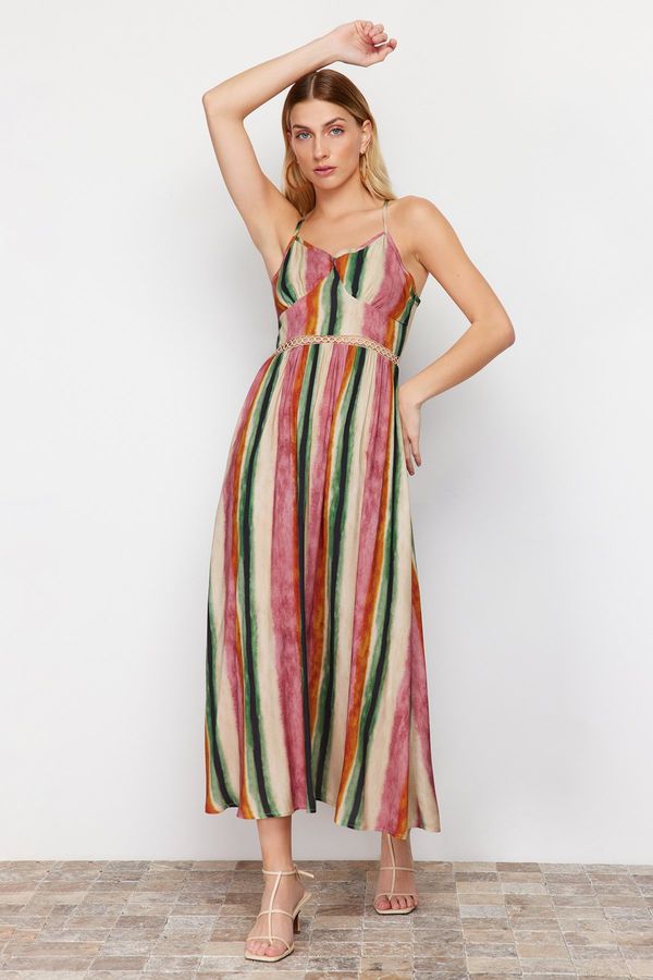 Trendyol Trendyol Pink A-Line Accessory Stripe Detailed Patterned Woven Maxi Dress