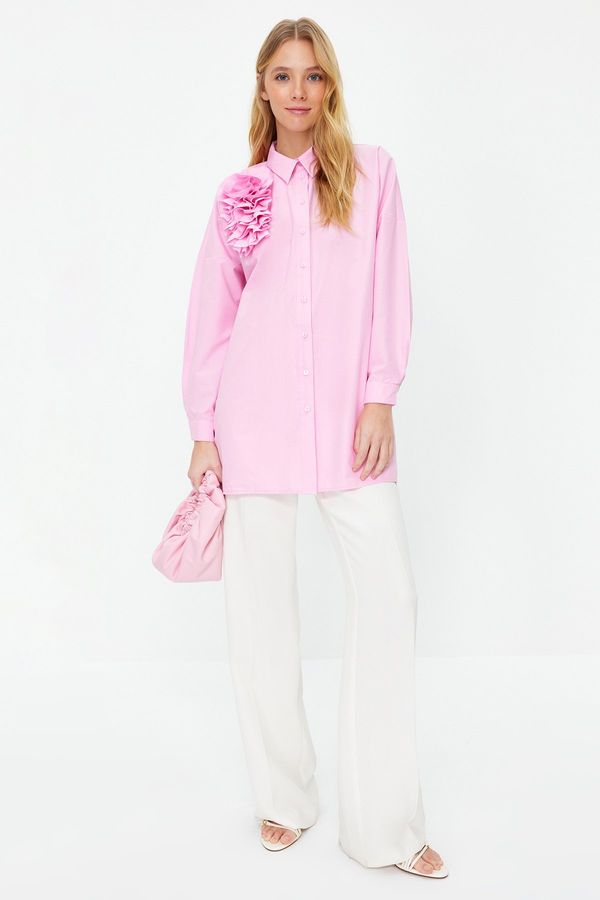 Trendyol Trendyol Pink Applique Flower Detailed Cotton Woven Shirt