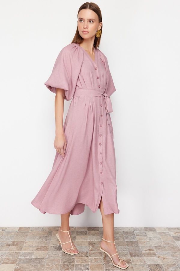 Trendyol Trendyol Pink Belted Half Balloon Sleeve Linen Look Woven Shirt Dress