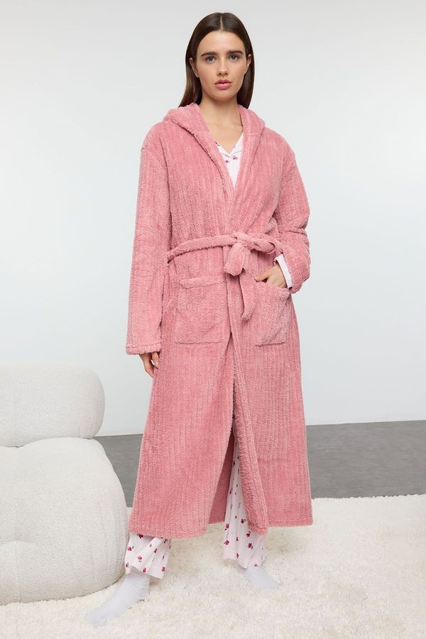 Trendyol Trendyol Pink Belted Striped Winter Wellsoft Knitted Dressing Gown