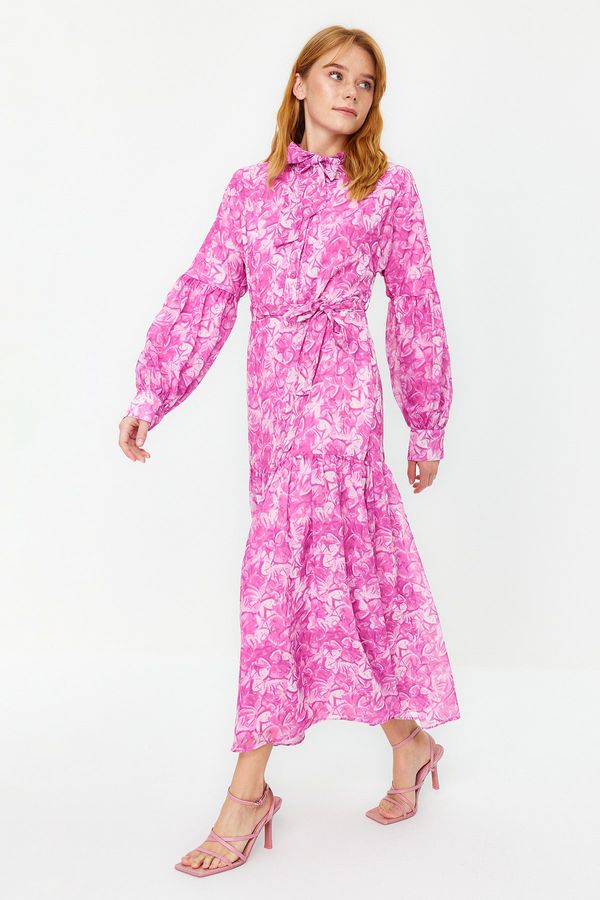 Trendyol Trendyol Pink Belted Woven Lined Chiffon Floral Dress