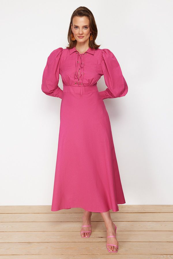 Trendyol Trendyol Pink Bird Eye Detailed Cotton Woven Dress