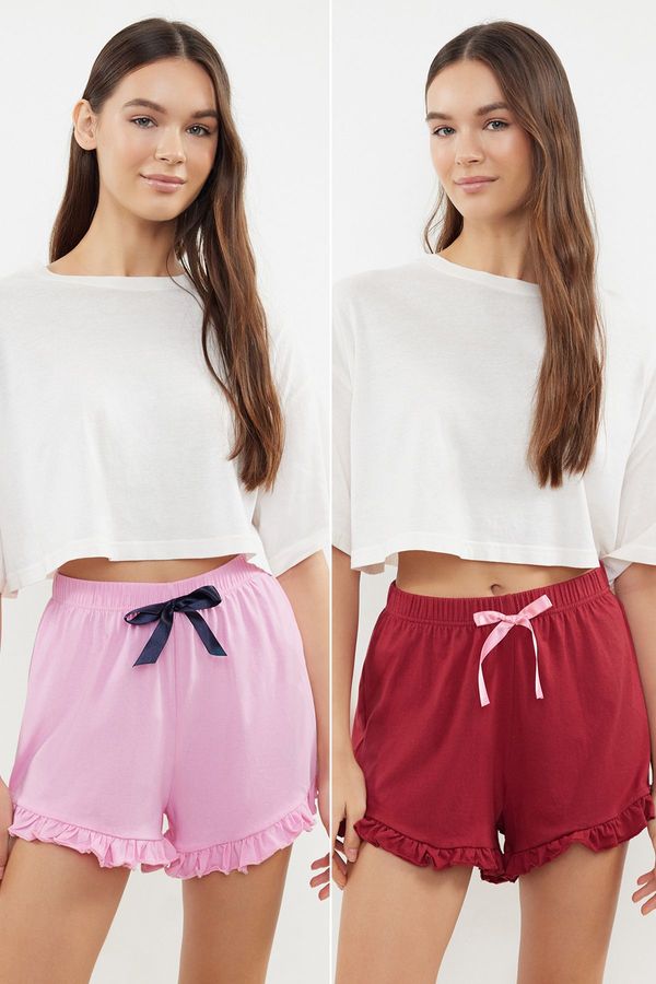 Trendyol Trendyol Pink-Burgundy 2-Pack Cotton Ribbon/Bow Detailed Knitted Pajama Bottoms