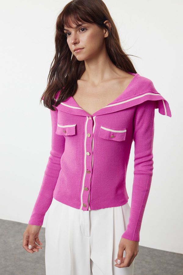 Trendyol Trendyol Pink Color Block Turn-down Collar Knitwear Cardigan