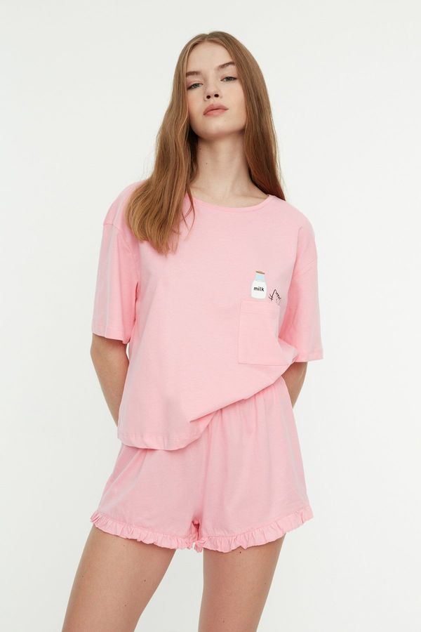 Trendyol Trendyol Pink Cotton Printed T-shirt-Shorts Knitted Pajama Set