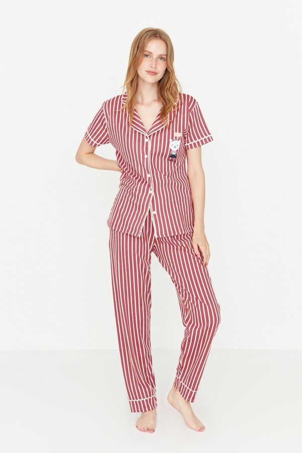 Trendyol Trendyol Pink Cotton Striped Animal Printed Shirt-Pants Knitted Pajama Set
