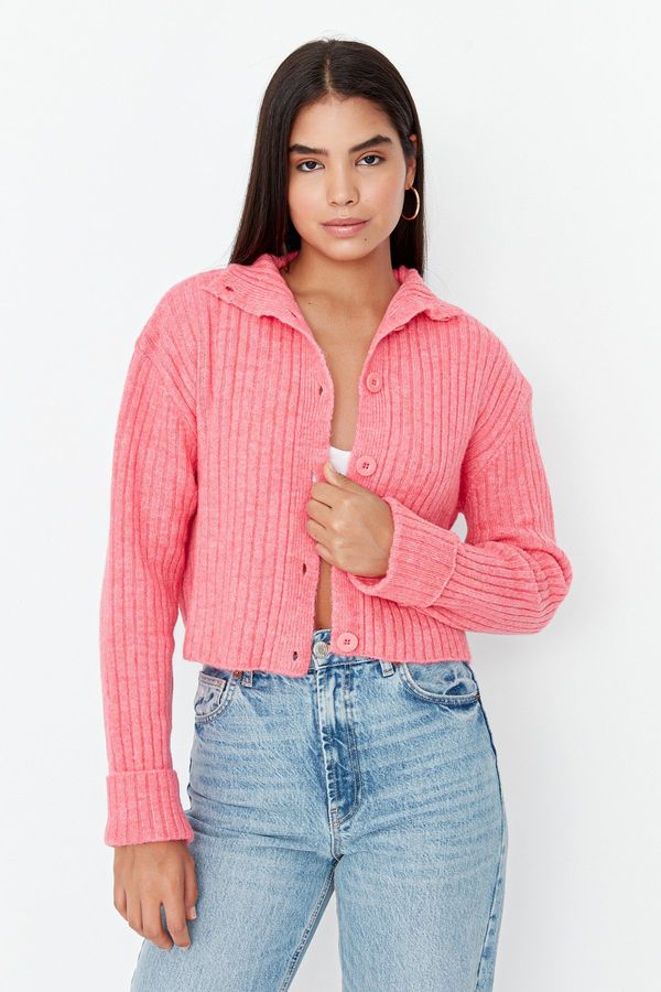 Trendyol Trendyol Pink Crop Soft Textured Stand-Up Collar Knitwear Cardigan