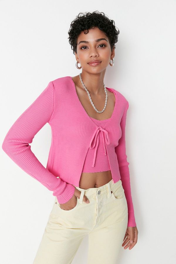 Trendyol Trendyol Pink Crop Tie Detailed Blouse-Cardigan Knitwear Suit Knitwear Cardigan