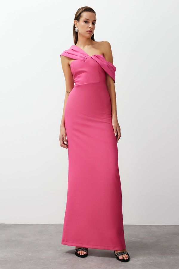 Trendyol Trendyol Pink Fitted Asymmetric Collar Poplin Detail Long Evening Evening Dress
