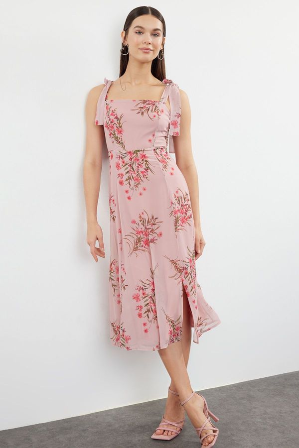 Trendyol Trendyol Pink Floral A-Line Slit Back Gipe Detailed Chiffon Lined Midi Woven Dress