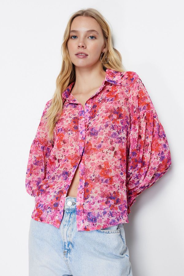 Trendyol Trendyol Pink Floral Balloon Sleeve Chiffon Woven Shirt