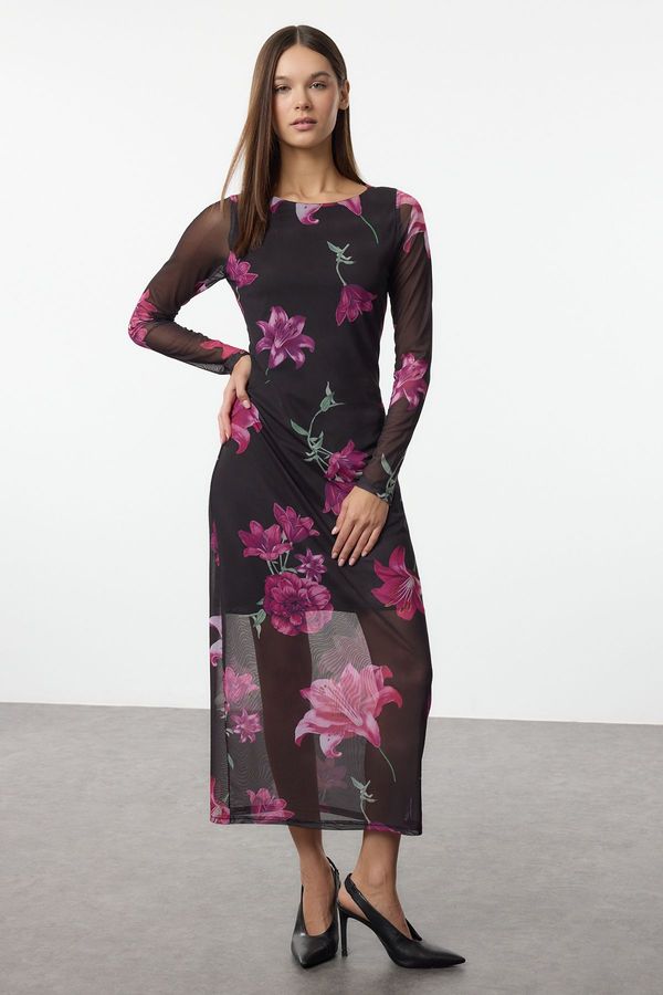 Trendyol Trendyol Pink Floral Crew Neck Lined Bodycon Tulle Midi Knitted Dress