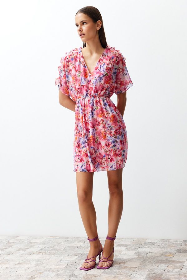 Trendyol Trendyol Pink Floral Patterned Ruffle Detailed Lined Chiffon Mini Woven Dress