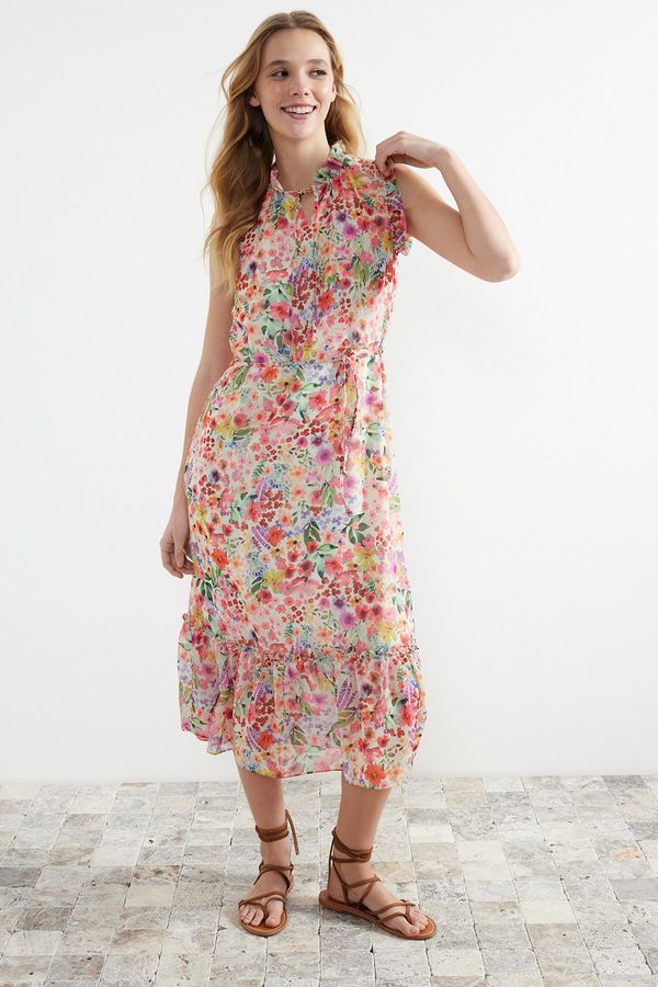 Trendyol Trendyol Pink Floral Print A-Cut Midi Lined Chiffon Woven Dress