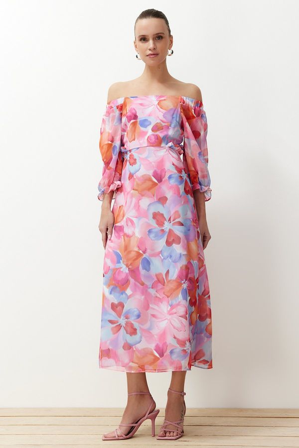 Trendyol Trendyol Pink Floral Print A-line Carmen Collar Chiffon Lined Maxi Woven Dress