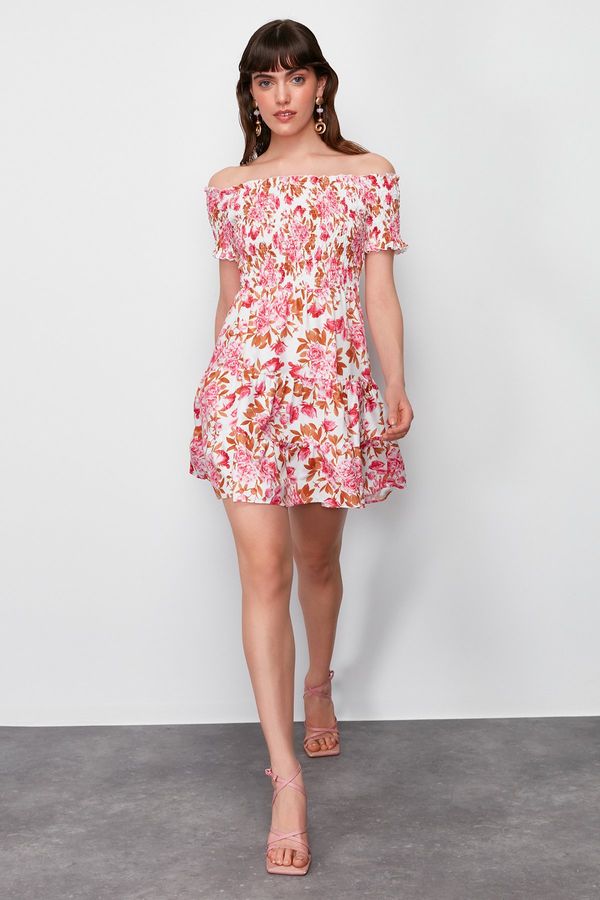 Trendyol Trendyol Pink Floral Print Skirt Waist Opening Gipe Detailed Mini Woven Dress