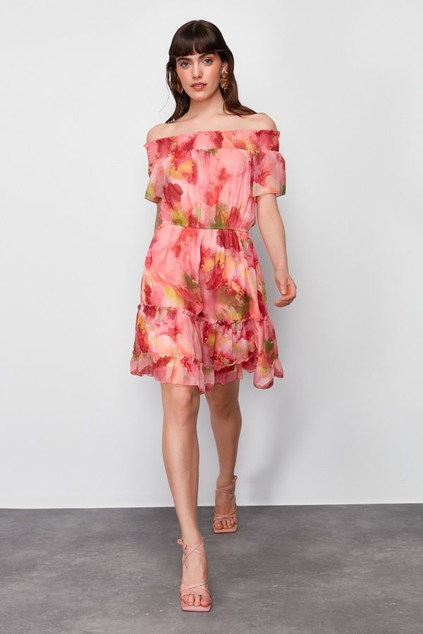 Trendyol Trendyol Pink Floral Print Skirt Waist Opening Gipe Detailed Woven Mini Dress