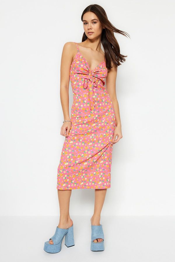 Trendyol Trendyol Pink Floral Printed Wrapped Waist/Skater Strap Midi Knitted Dress