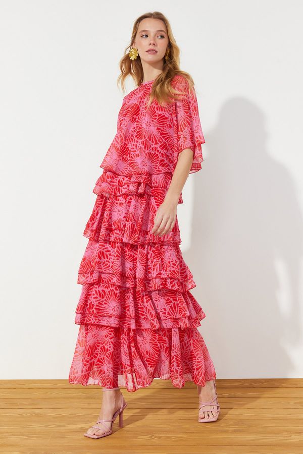 Trendyol Trendyol Pink Floral Skirt Layered Chiffon Woven Evening Dress