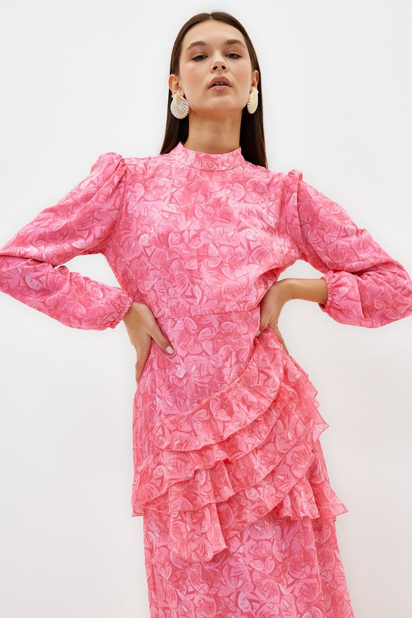 Trendyol Trendyol Pink Floral Skirt Ruffled Lined Woven Chiffon Dress