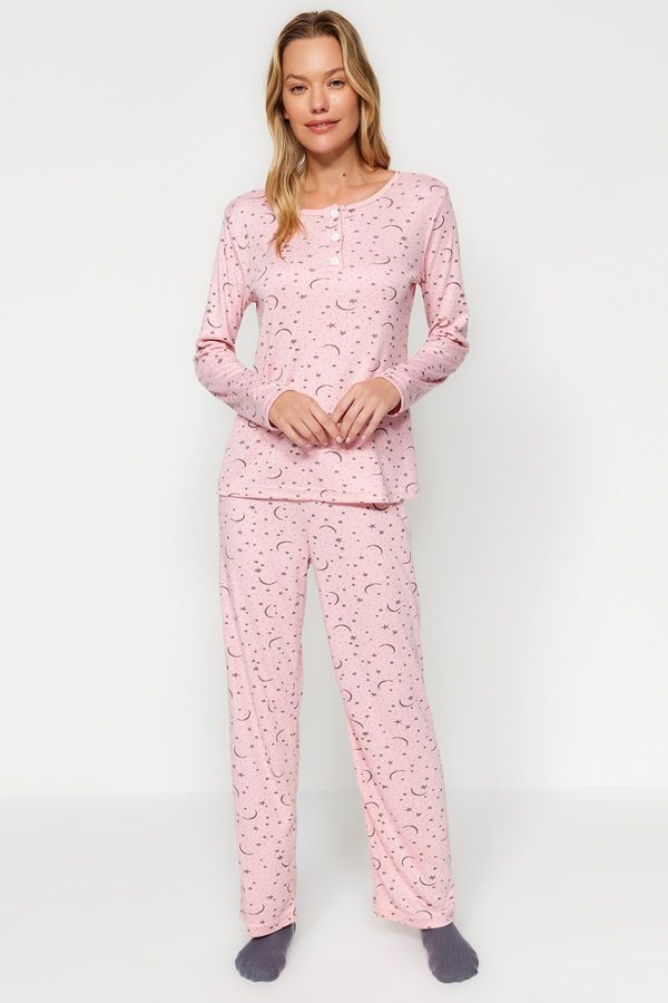 Trendyol Trendyol Pink Galaxy Pattern T-shirt-Pants and Knitted Pajamas Set