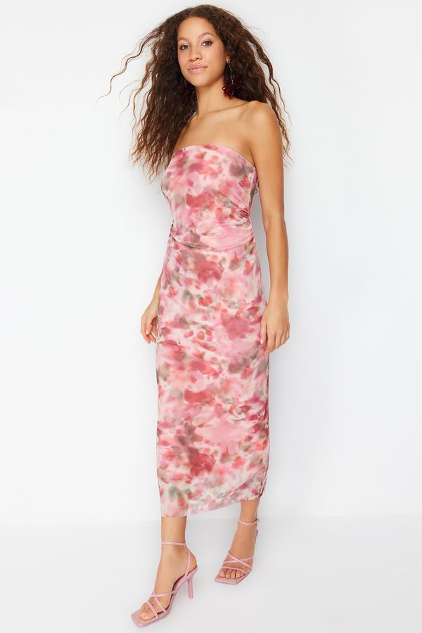 Trendyol Trendyol Pink Gathered Abstract Patterned Bodycon Maxi Stretch Knit Pencil Dress