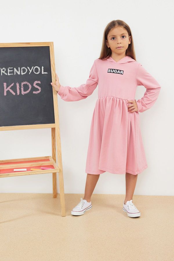 Trendyol Trendyol Pink Girl Seasonal-Thin Slogan Patterned Hooded Cotton Knitted Dress