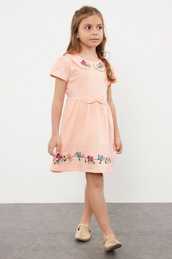 Trendyol Trendyol Pink Girl's Baby Collar Floral Patterned Short Sleeve Knitted Dress