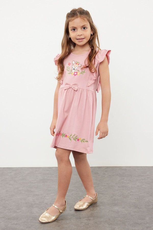 Trendyol Trendyol Pink Girl's Floral Embroidered Ruffle Short Sleeve Knitted Dress