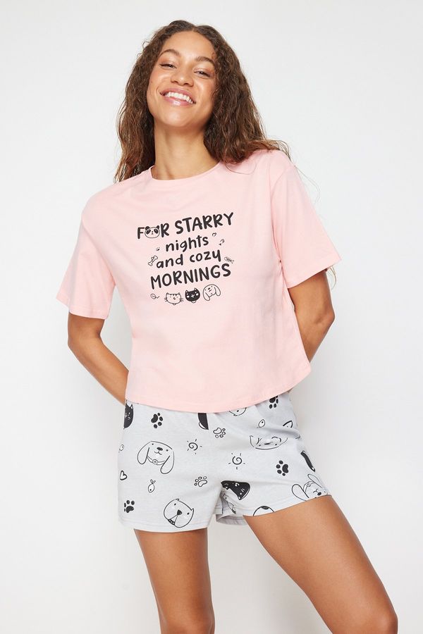 Trendyol Trendyol Pink-Grey 100% Cotton Slogan Printed Knitted Pajama Set