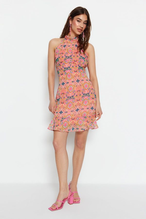 Trendyol Trendyol Pink High Neck Printed Woven Dress