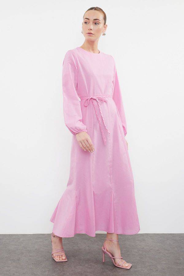 Trendyol Trendyol Pink Knitted Belted Woven Cotton Dress