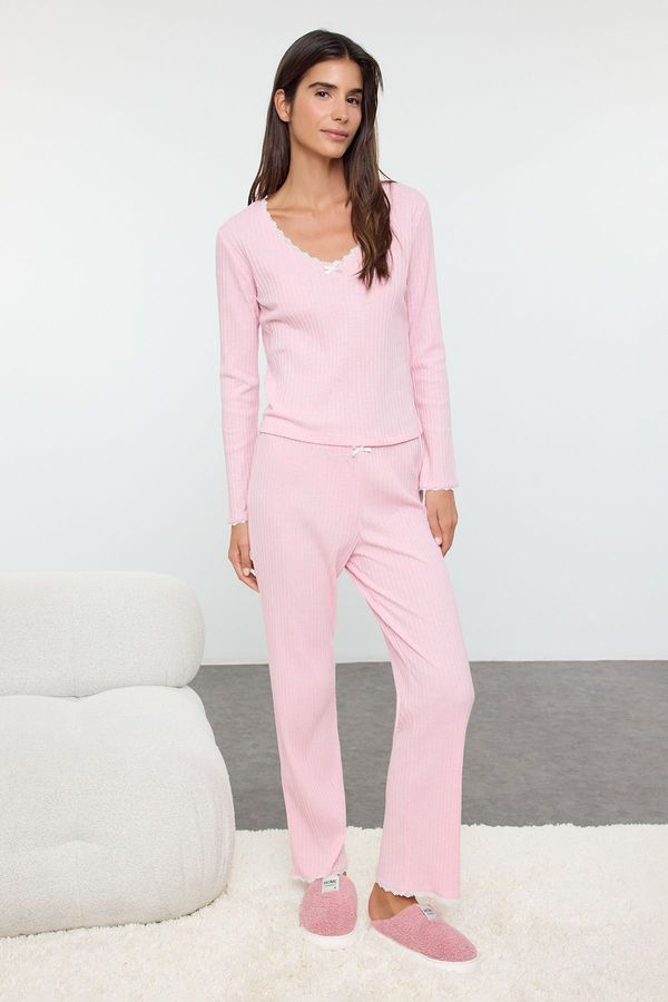 Trendyol Trendyol Pink Lace and Ribbon/Bow Detailed Ribbed Knitted Pajama Set