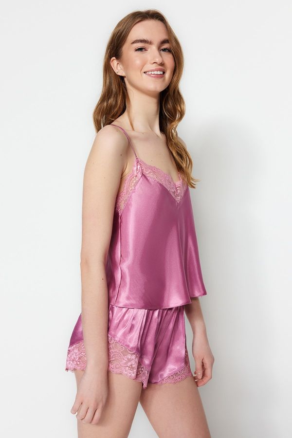 Trendyol Trendyol Pink Lace Detailed Satin Undershirt-Shorts Woven Pajamas Set