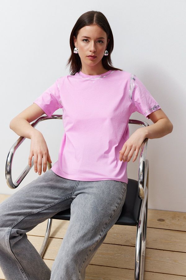 Trendyol Trendyol Pink Leafy Loose/Comfortable Pattern Knitted T-Shirt