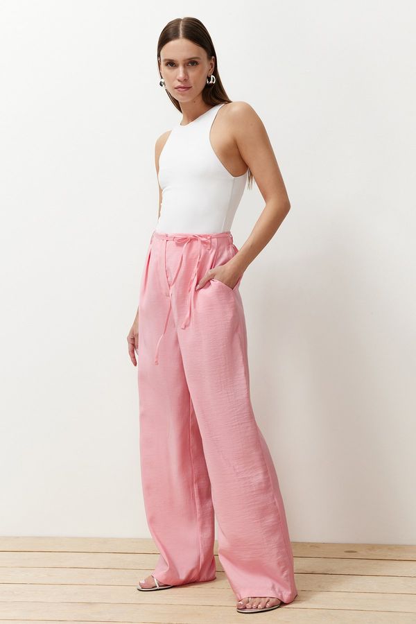Trendyol Trendyol Pink Modal Slim Belt Pleated Wide Cut Wide Leg Woven Trousers